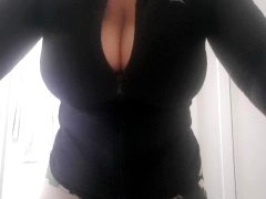 Black Sports Jacket, Zip Down Boobs Out Titty Reveal ? Xx 55yo ??